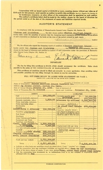 1946 Eddie Collins Signed Boston American League Baseball Co. Auditors Statement Balance Sheet (JSA)